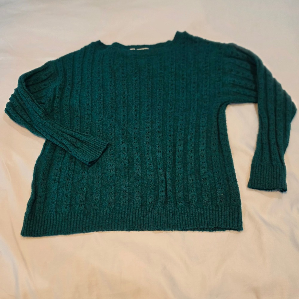 Terra & Sky Sweater Women 0X 14W Teal Excellent Pointelle Cable Knit Crew Neck